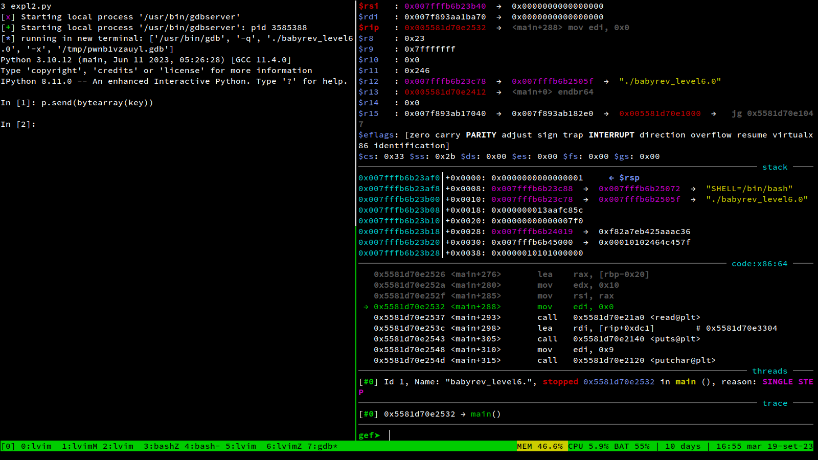 Screenshot of a tmux terminal split vertically into two panes. The pane on the left is an interactive python shell. It has received the input: p.send(bytearray(key)). The pane on the right is a gdb session whth the gef plugin enabled. You can see registers, stack and current instruction for a process called ./babyrev_level6.0. The program is about to run a call to glibc readline